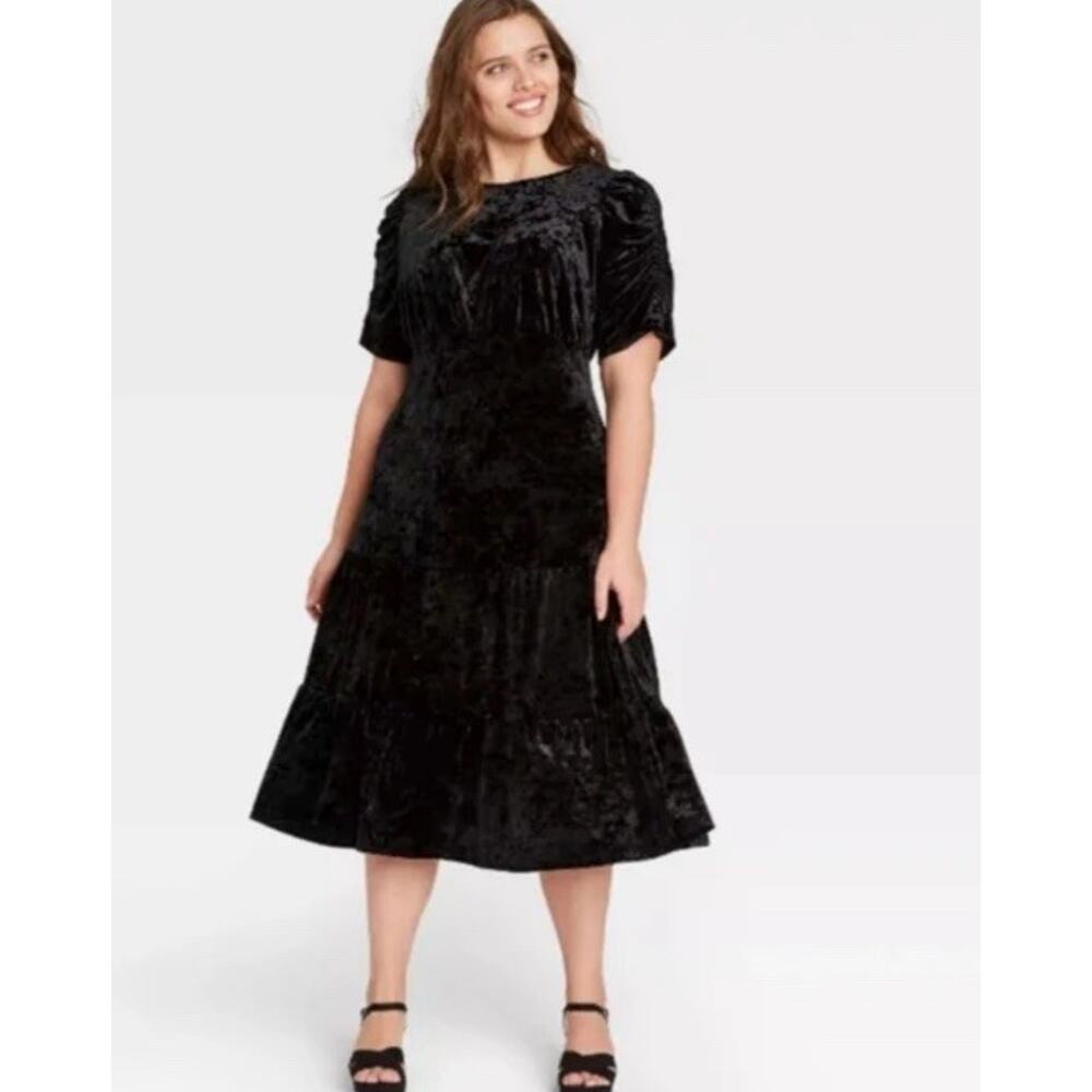 Who What Wear Black Velvet Ruched Puff Sleeve Whimsygoth Witchy Midi Dress XL